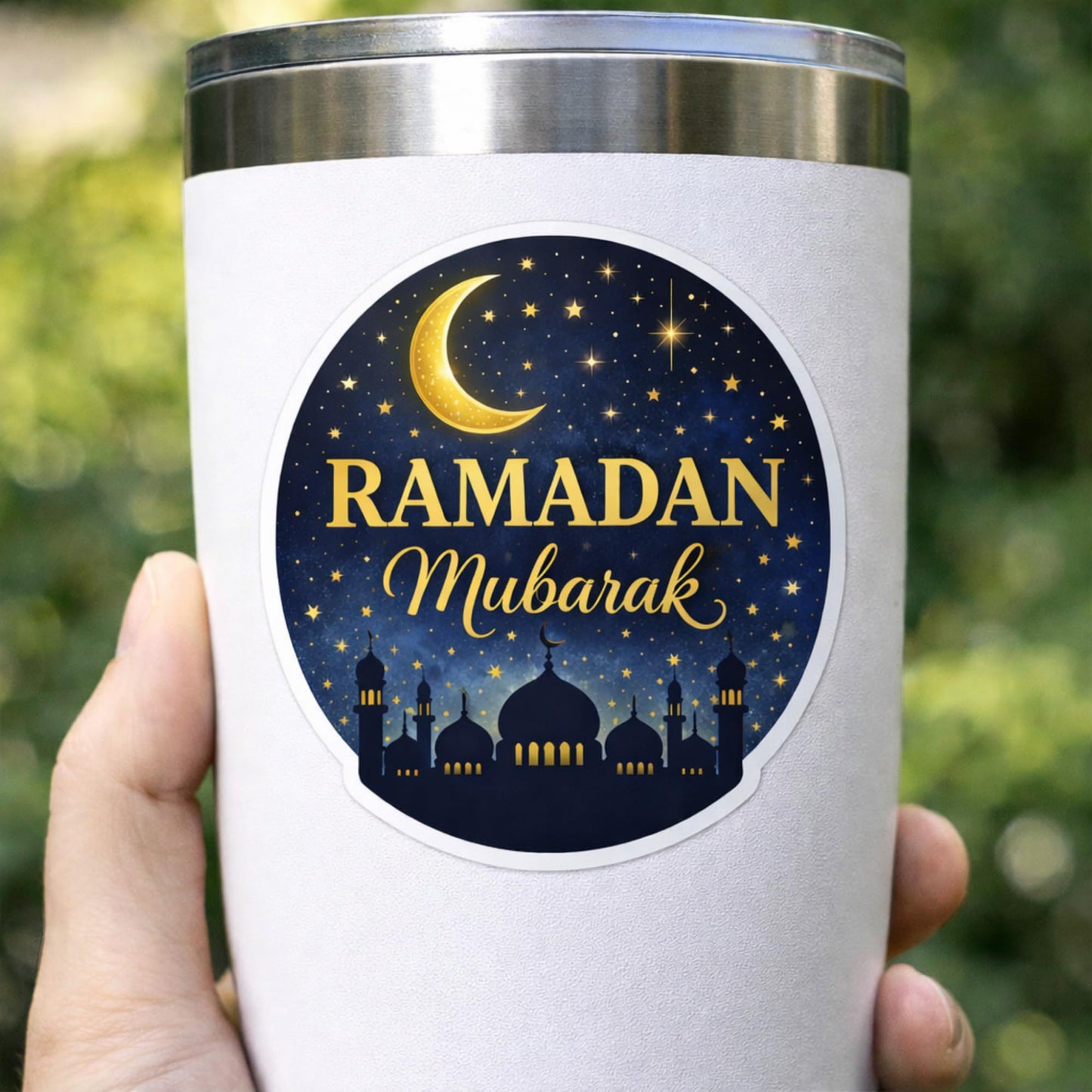 Ramadan Mubarak Sticker, 5 Inch Waterproof Vinyl Islamic Decal with Crescent Moon and Mosque Design for Laptop, Water Bottle, Tumbler