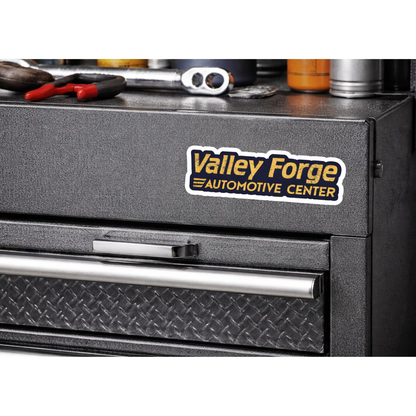Valley Forge Automotive Center Logo Stickers, 3 Inch Vinyl Decals, 6 Pack, Waterproof, Navy Blue and Yellow, for Laptops, Toolboxes, Cars