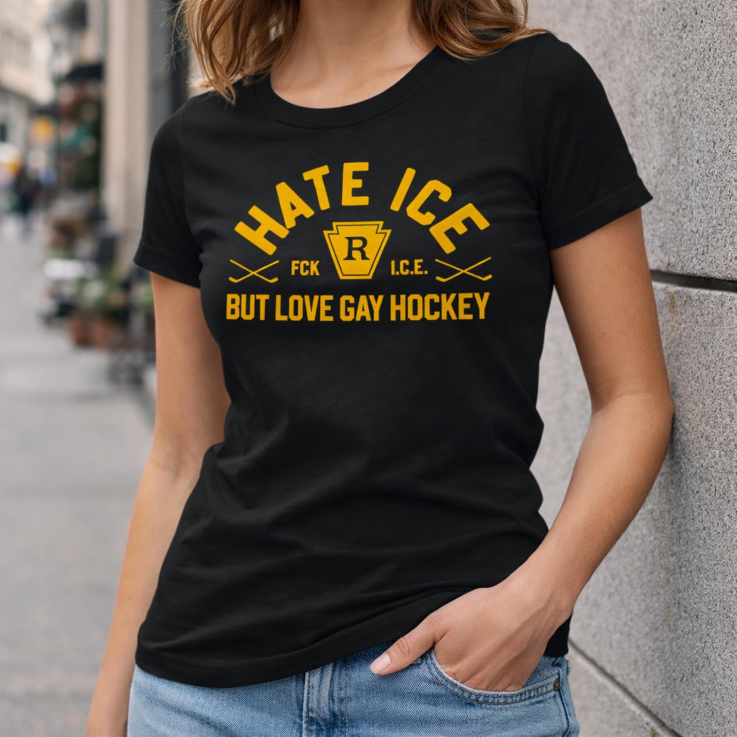 Hate Ice But Love Gay Hockey Shirt, Heated Hockey Rivalry T-Shirt, Pride Hockey Fan Tee for Women, Black Graphic Tee