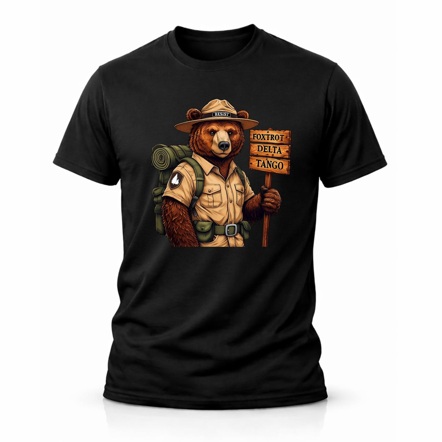 FDT Bear Ranger Graphic T-Shirt, Foxtrot Delta Tango Hiking Bear Design, 100% Cotton, Unisex Adult, Short Sleeve Crew Neck Black