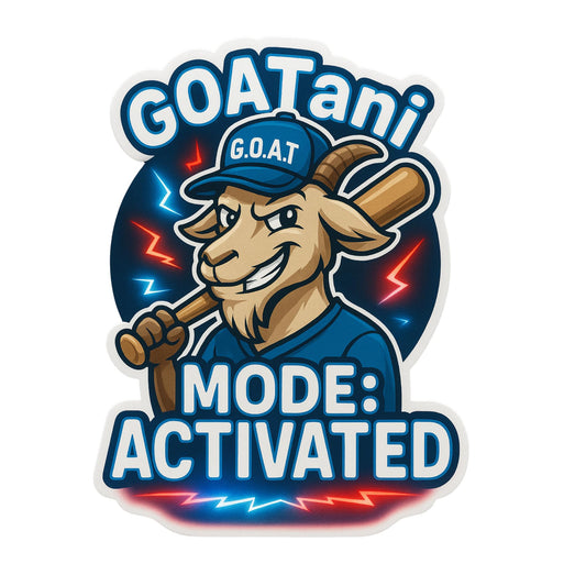 GOATani Mode Activated Vinyl Sticker – 5" Die-Cut Decal with Cool Cartoon Goat, Baseball Bat, G.O.A.T. Hat – Sports Gaming Hype Collectible
