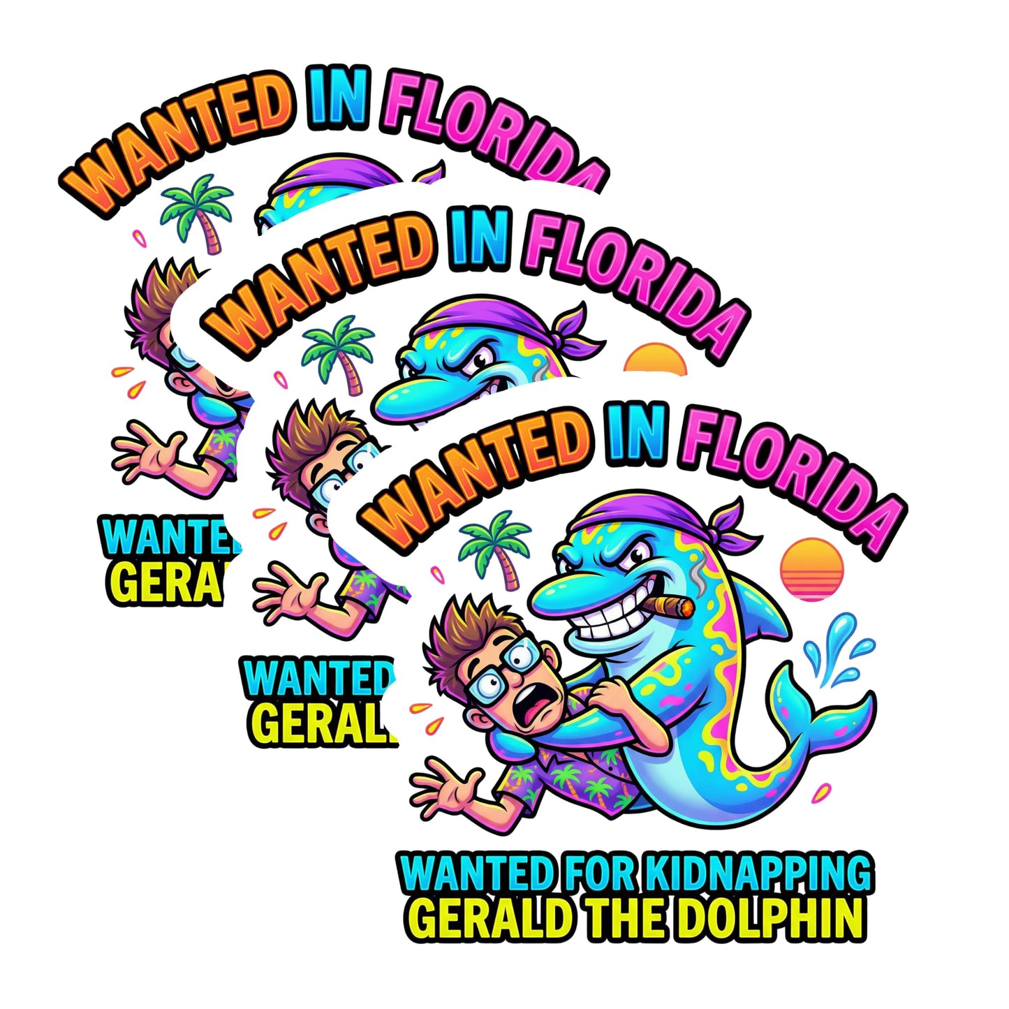 Gerald the Dolphin Wanted in Florida Funny Meme Sticker Pack, Waterproof Vinyl, 3 Inch, Decals for Laptop, Car, Phone