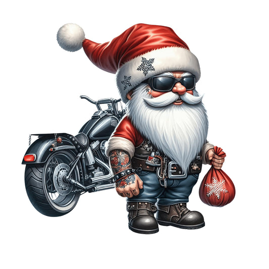 Biker Santa Gnome Christmas Sticker, 5 Inch Premium Vinyl Decal, Motorcycle Holiday Design for Laptops, Toolboxes, Windows, Tumblers