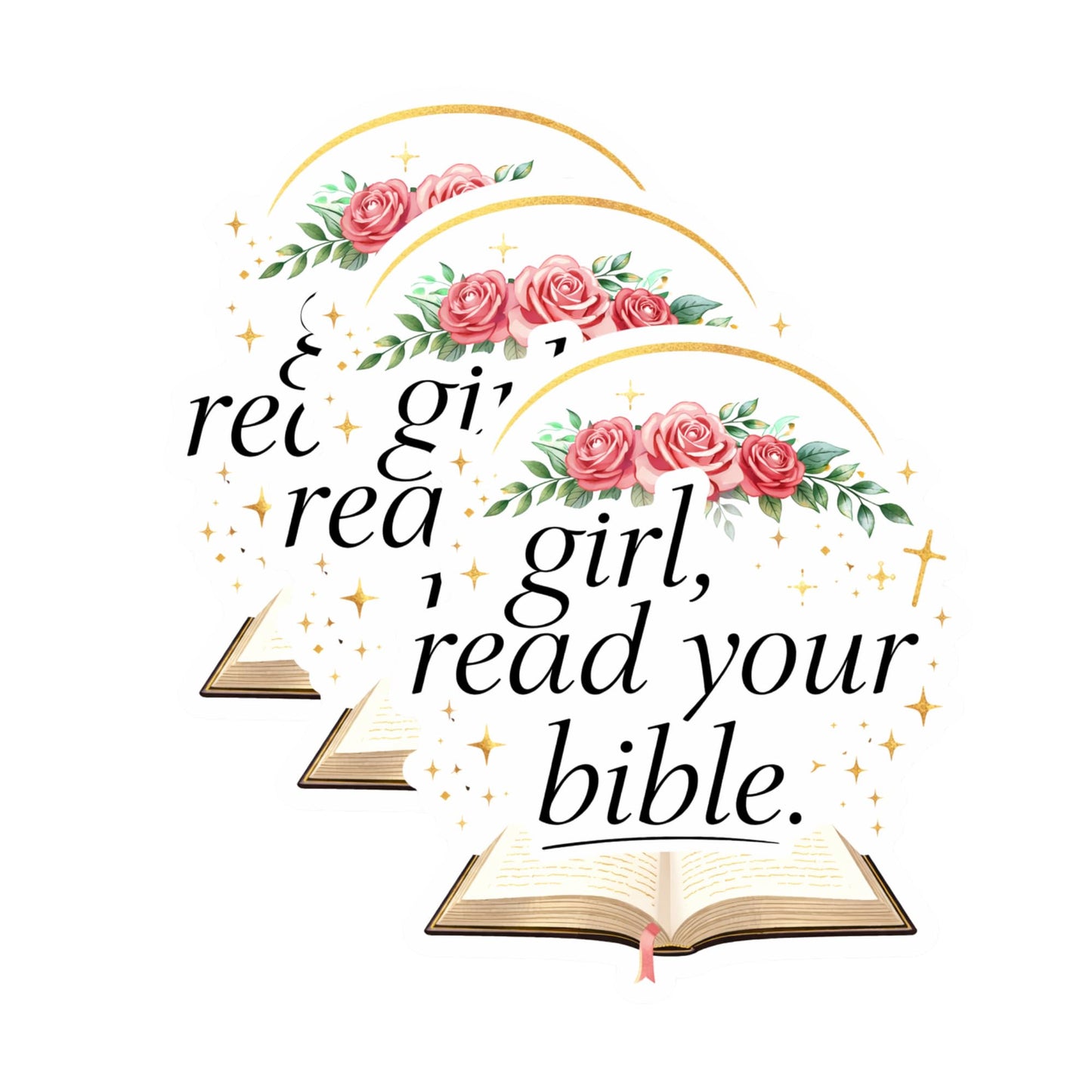 Girl Read Your Bible Stickers, 3 Pack, 3 Inch, Funny Religious Quote, Multicolor Vinyl, Water Resistant, Cartoon Style