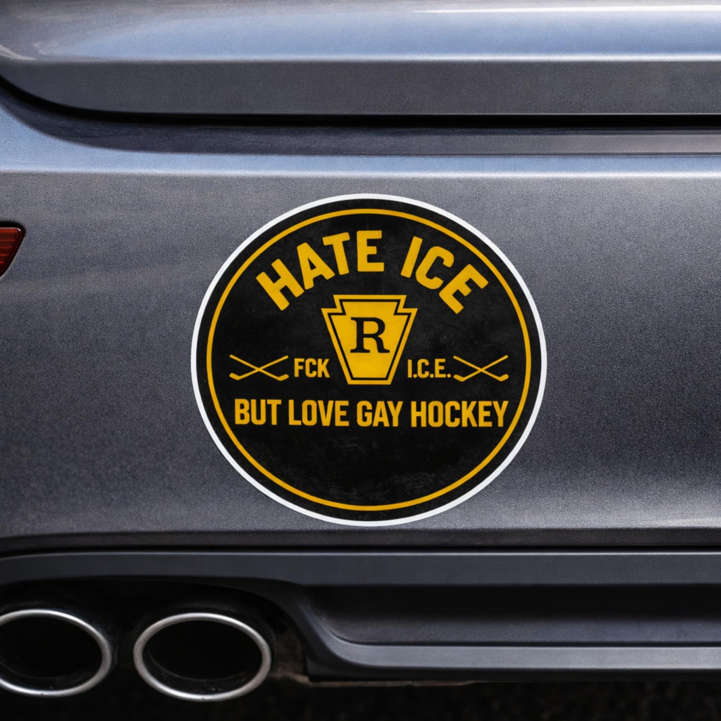 Hate Ice But Love Gay Hockey Vinyl Sticker, Waterproof Round Decal, Black and Yellow, 3 Inch or 5 Inch, 1 Pack or 3 Pack, for Laptop Water Bottle Car Bumper Tumbler