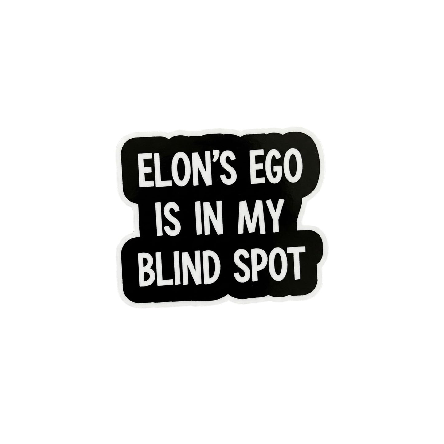 Funny Tesla Bumper Sticker, Elon's Ego Blind Spot Design, 5 x 3.5 inch, Black and White Vinyl