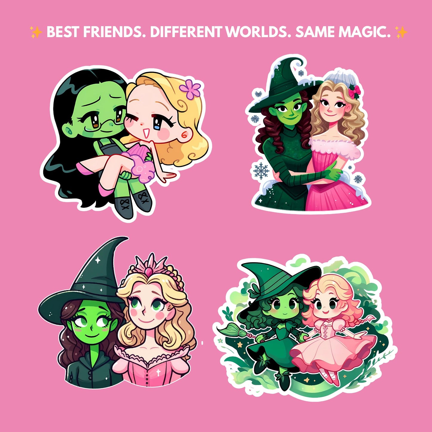 Magical Friends Art Sticker Collection, Anime Style Fantasy Characters, 4 Piece Waterproof Vinyl Decal Set, 3 Inch, Pink and Green Theme, for Laptops, Water Bottles, Notebooks