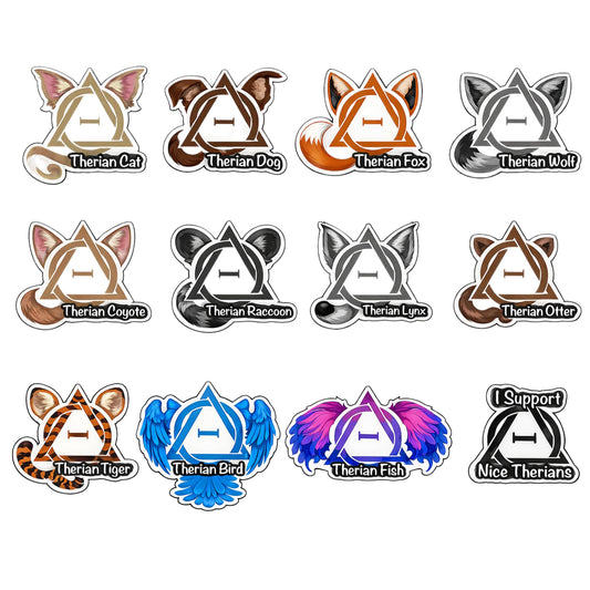 Therian Stickers 12 Pack, 3 Inch Animal Identity Sticker Set, Cat Dog Fox Wolf Tiger Bird Fish Raccoon Lynx Otter Coyote