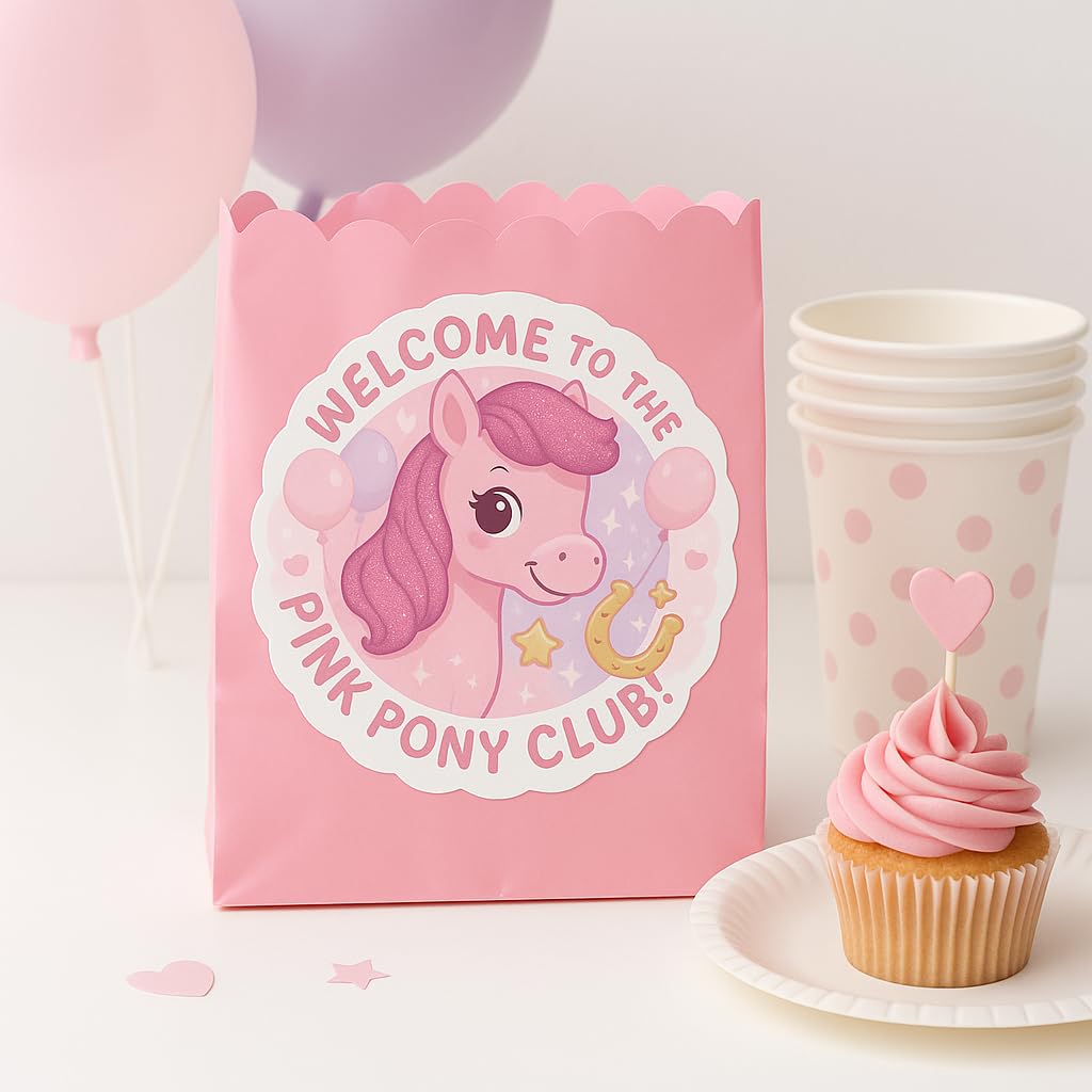 Welcome to The Pink Pony Club Sticker – 5 Inch Vinyl Birthday Party Decal for Girls, Cute Pink Horse with Glitter Mane & Balloons, Magical Pony Theme Party Decoration, Waterproof & Glossy Decal