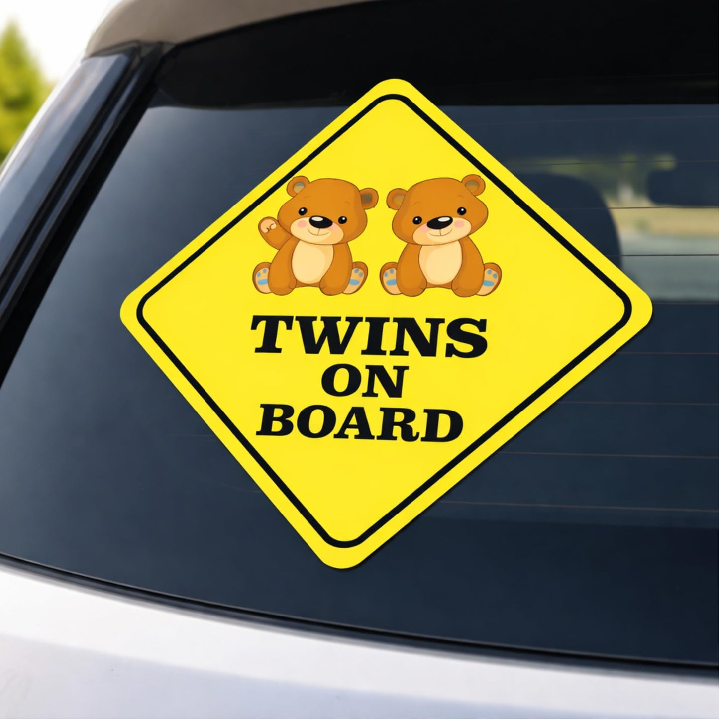 Twins on Board Car Stickers 2 Pack | 7 Inch Tall Yellow Safety Sign | UV Resistant Waterproof Vinyl | Cute Bear Twins Baby Car Window Decals