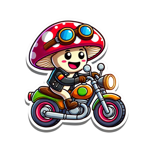 Cartoon Mushroom Biker Vinyl Sticker, Decorative Decal for Laptops and Water Bottles by RockPaperStikrz