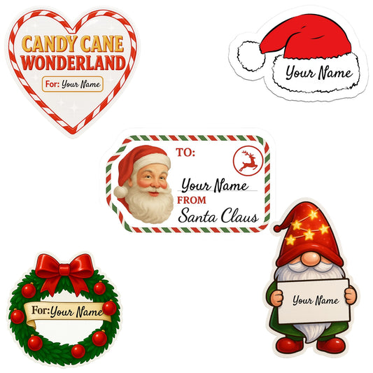 Custom Christmas Gift Tags Stickers – Personalized Name Labels for Presents | 5 Festive Designs & 20 Holiday Fonts | Premium Glossy Waterproof Vinyl - 12 Stickers