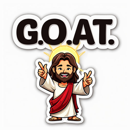 G.O.A.T. Jesus Vinyl Sticker, 3 x 2.5 inches, Religious Cartoon Design, White