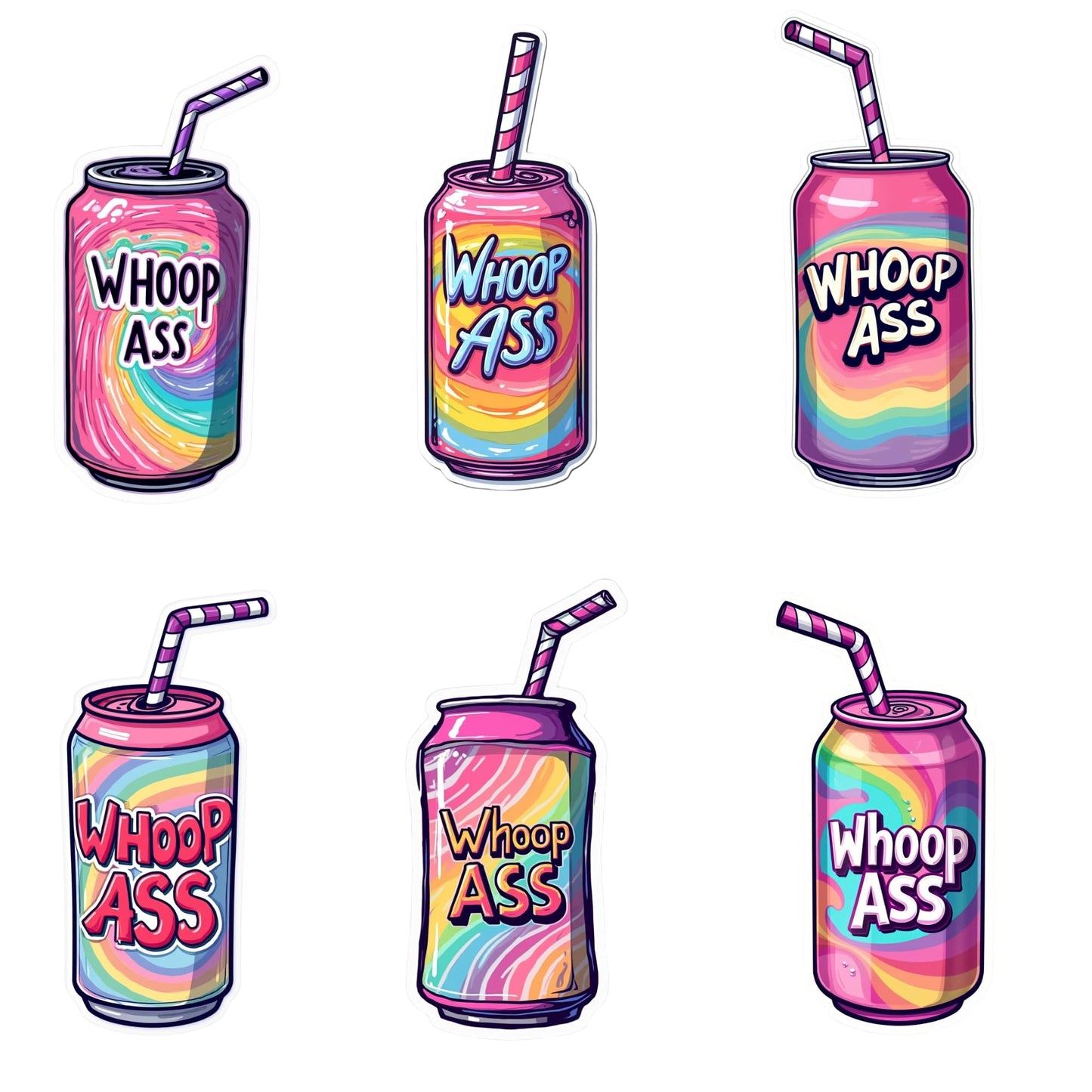 Whoop Ass Soda Can Sticker Set, Rainbow Design, Pack of 6, Vinyl Stickers (3 Inch)