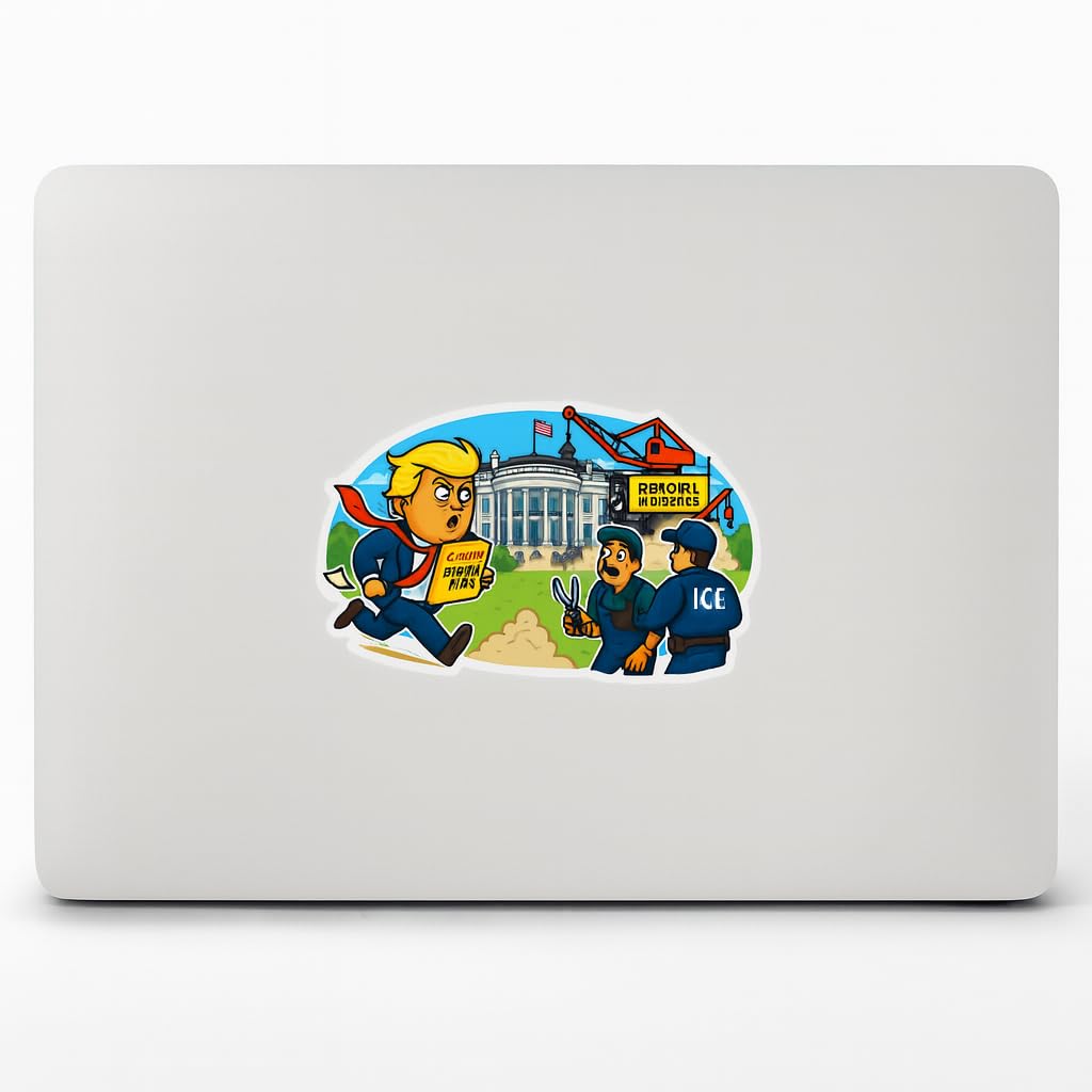 Political Satire Cartoon Sticker, 5 Inch Vinyl Decal, White House Remodel Design, Glossy Die-Cut for Laptop, Car, Water Bottle