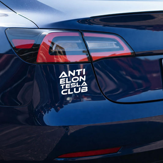 Anti Elon Tesla Club Vinyl Decal, White, 4.5 x 5.5 inches, Weatherproof