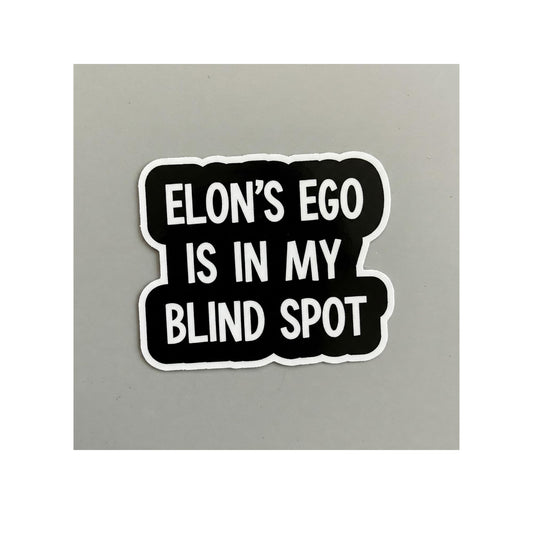 Funny Tesla Bumper Sticker, Elon's Ego Blind Spot Design, 5 x 3.5 inch, Black and White Vinyl