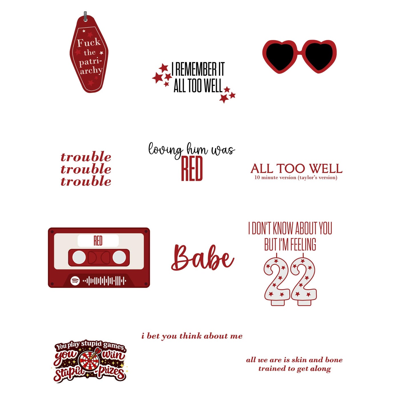 Red Era Lyric Inspired Sticker Pack, 12 Pack Waterproof Vinyl Stickers, 3 Inch Decals for Laptop, Water Bottle, Journal, Phone