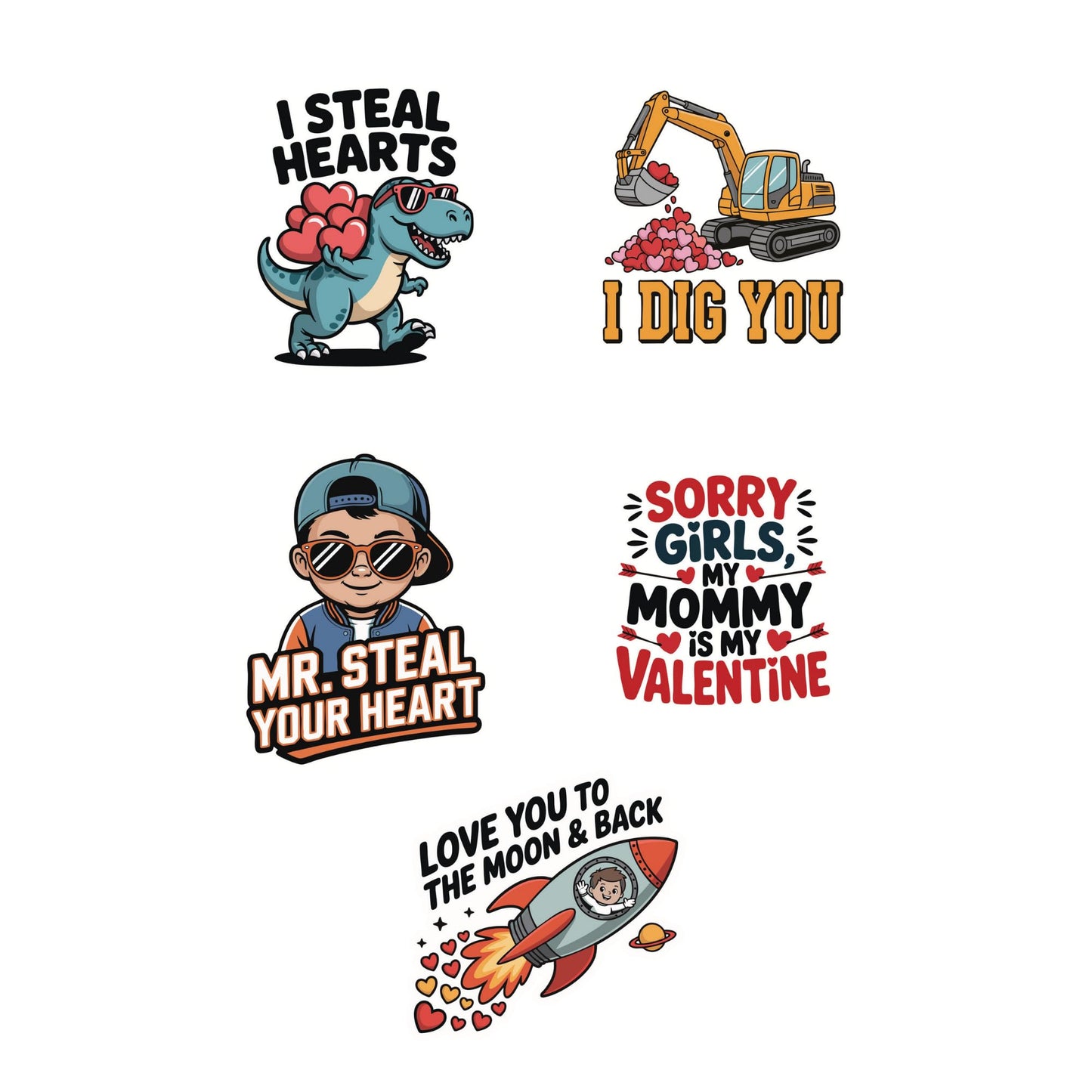 Dinosaur Valentines Day Stickers, 5 Pack, 3 Inch, Cute Funny Dino Valentine Stickers for Kids Classroom Party Favor, Waterproof Vinyl