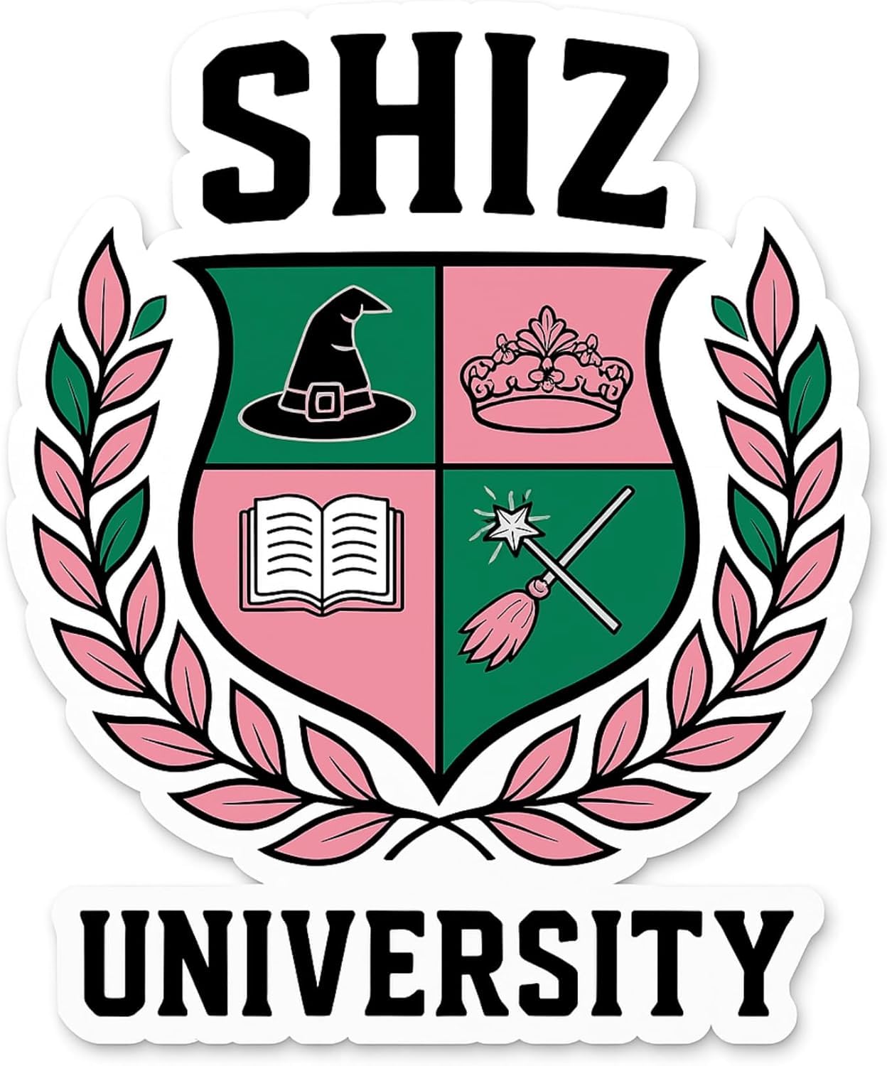 Shiz University Sticker – Wicked Inspired Vinyl Decal - Pink & Green Magical Crest Design | College Style Fantasy Gift for Fans, Laptops, Tumblers & Notebooks