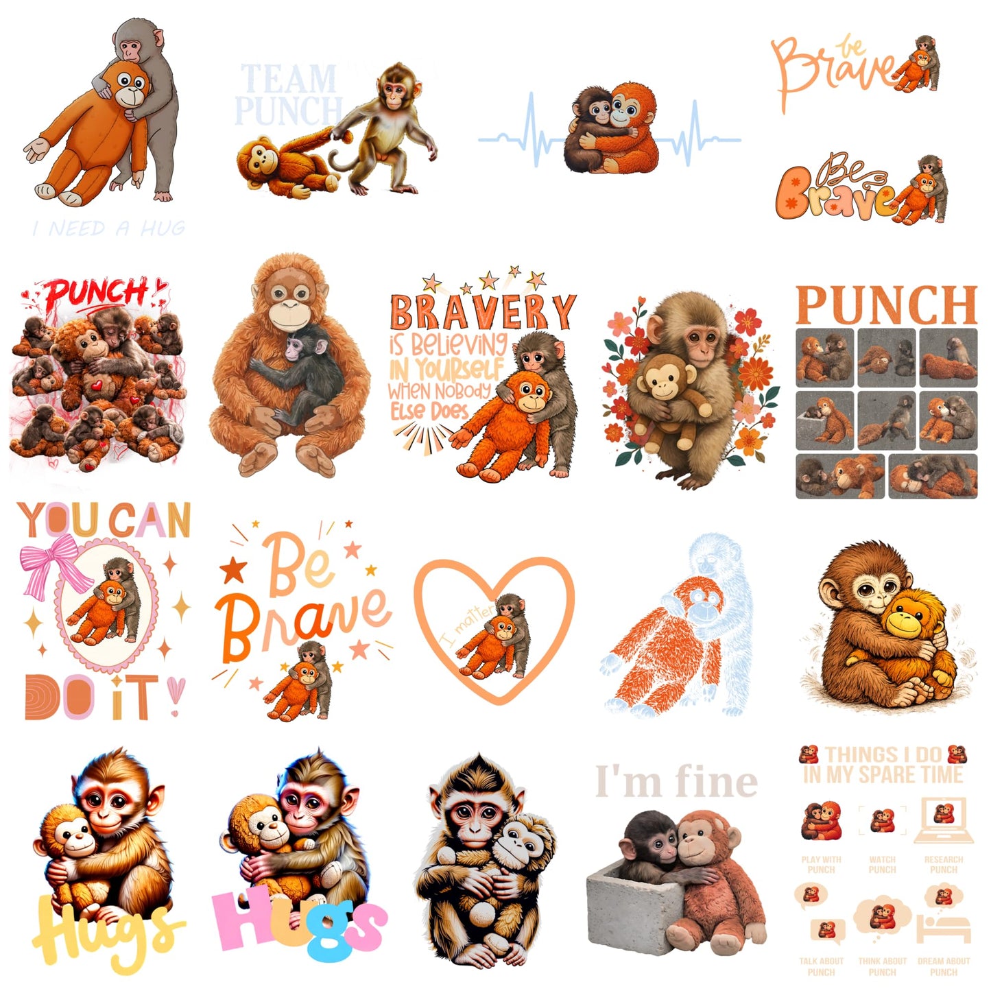 Punch The Monkey Sticker Pack, 20 Piece, 3 Inch, Waterproof Vinyl, Multicolor, Cartoon Style, Monkey Theme