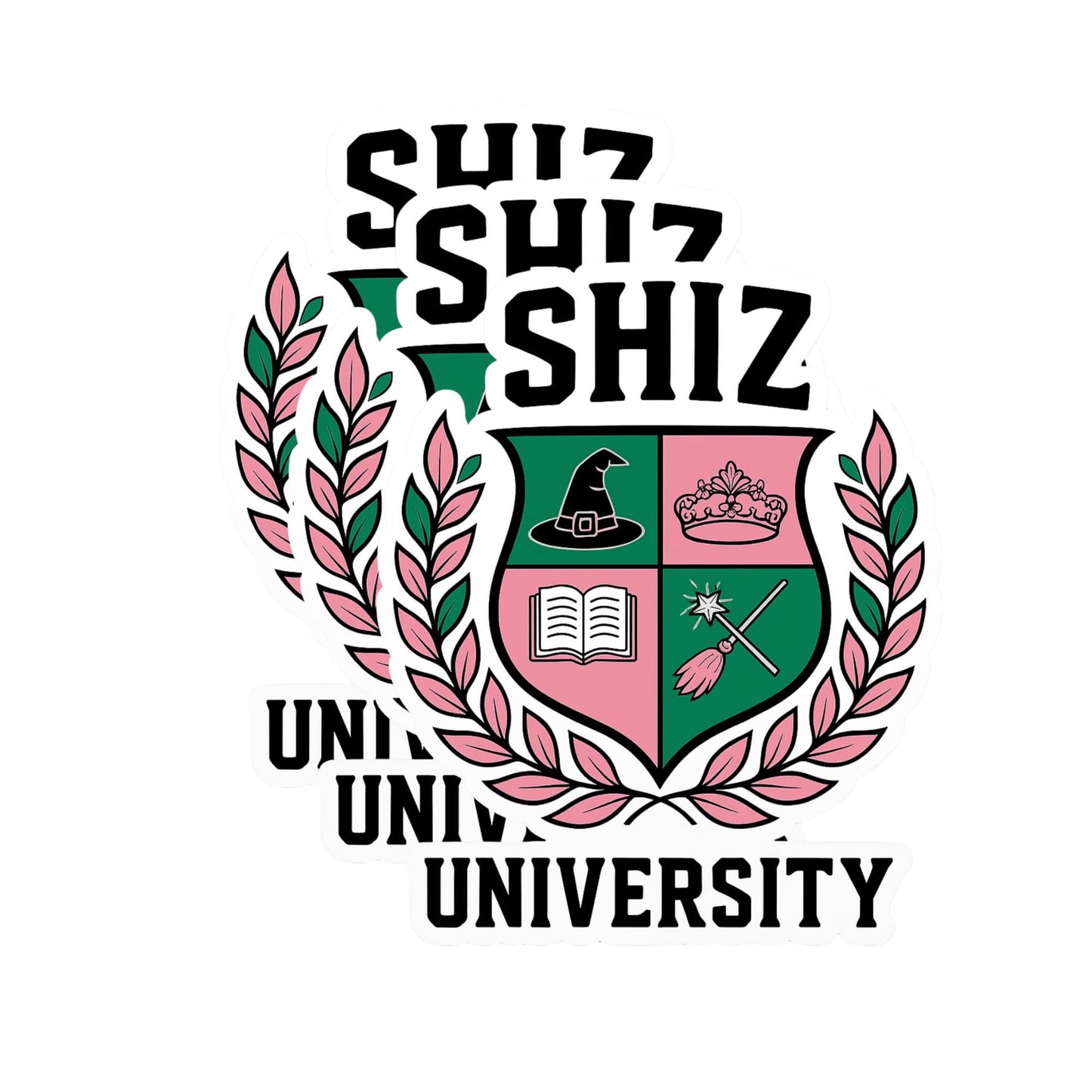 Shiz University Sticker – Wicked Inspired Vinyl Decal - Pink & Green Magical Crest Design | College Style Fantasy Gift for Fans, Laptops, Tumblers & Notebooks