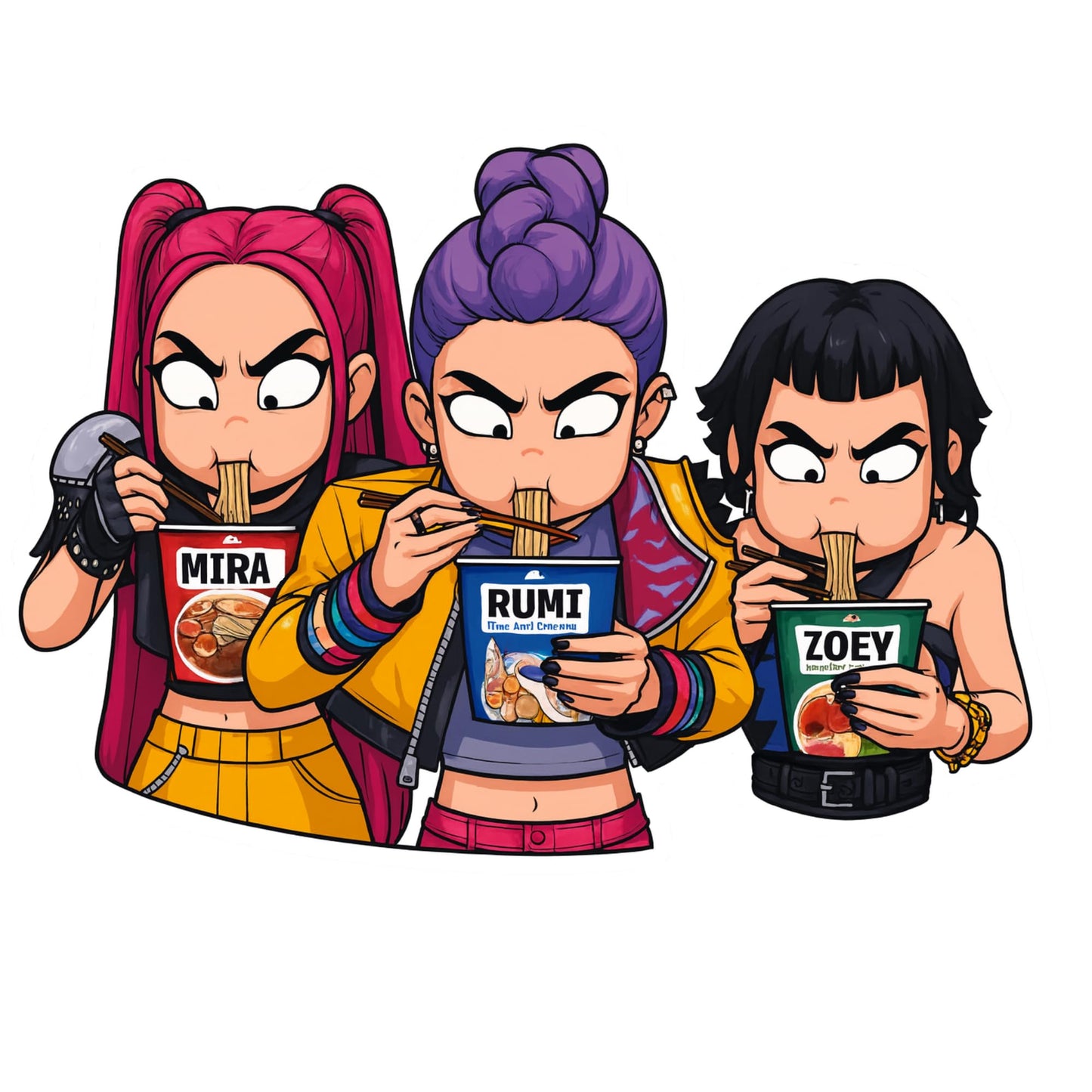Kpop Ramen Squad Sticker Pack (3-Pack, 3-Inch) – Cute Anime Girls Eating Noodles | Funny Kawaii Food Art Vinyl Decal