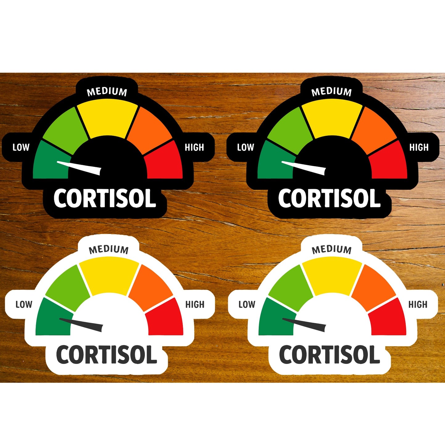 Cortisol Meter Sticker Pack, 4 Pack, 3 Inch, Waterproof Vinyl, Funny Stress Level Gauge Decals for Laptop, Water Bottle, Car and Phone