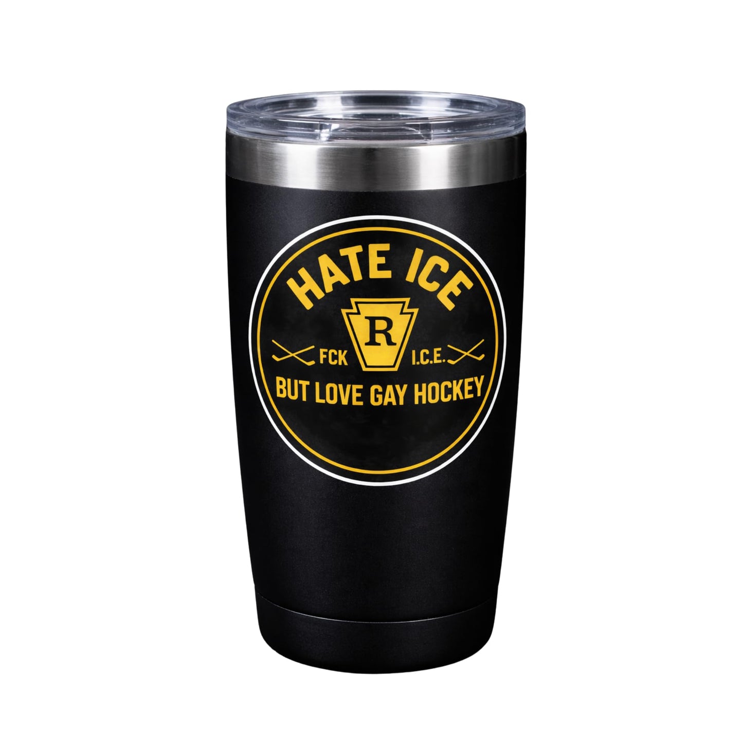 Hate Ice But Love Gay Hockey Vinyl Sticker, Waterproof Round Decal, Black and Yellow, 3 Inch or 5 Inch, 1 Pack or 3 Pack, for Laptop Water Bottle Car Bumper Tumbler
