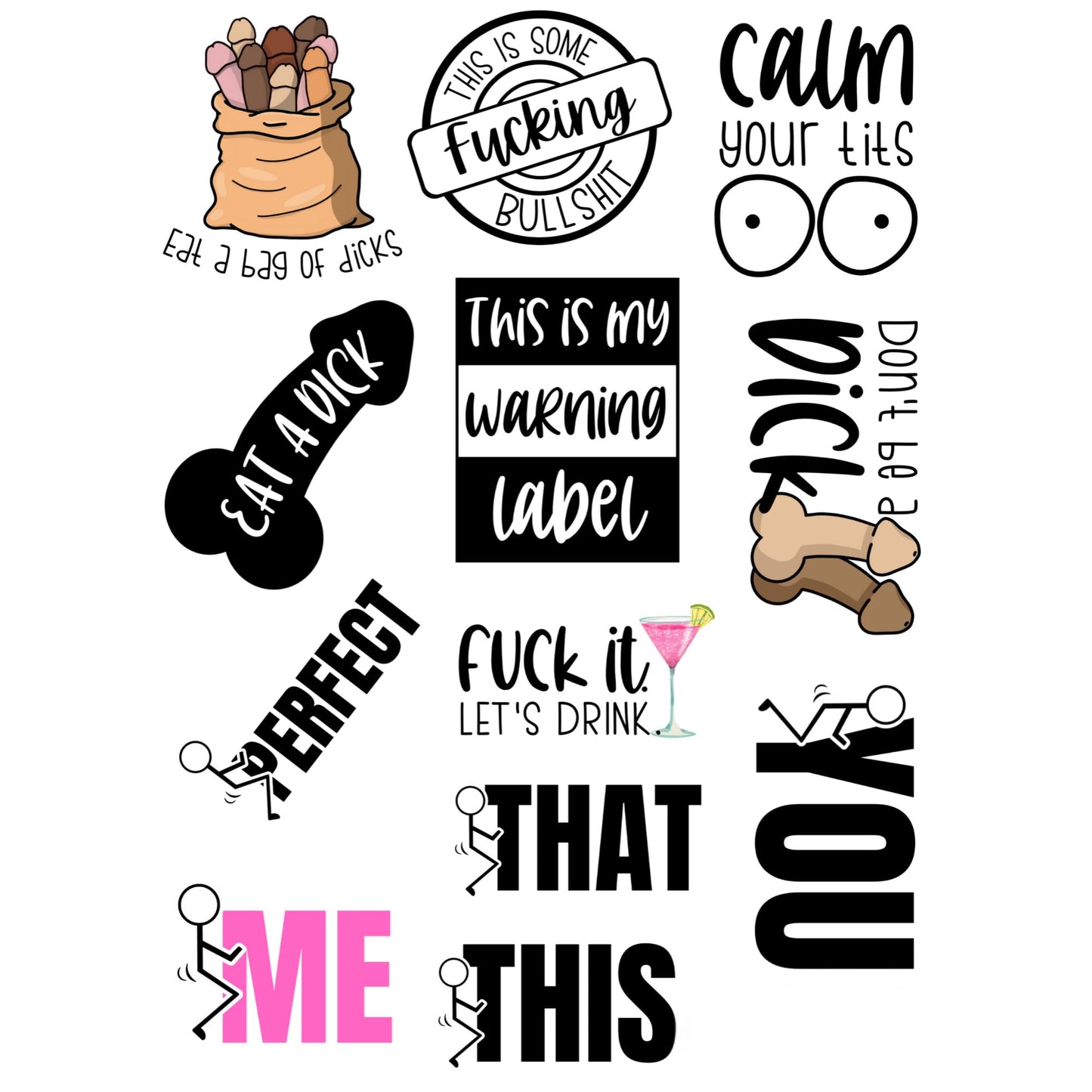 Funny Adult Sticker Pack, 12 Count, 3 Inch Vinyl Stickers, Sarcastic Offensive Humor, Laptop Water Bottle Car Decals