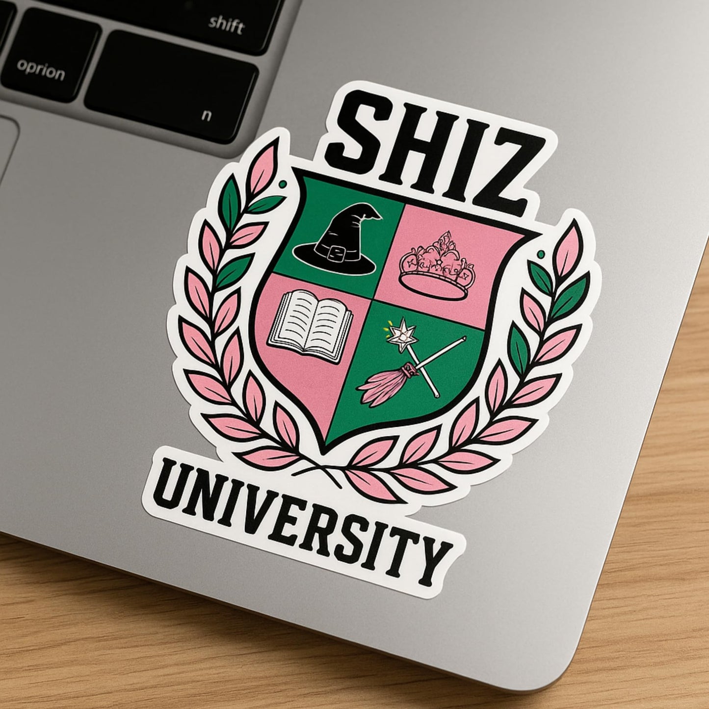 Shiz University Sticker – Wicked Inspired Vinyl Decal - Pink & Green Magical Crest Design | College Style Fantasy Gift for Fans, Laptops, Tumblers & Notebooks