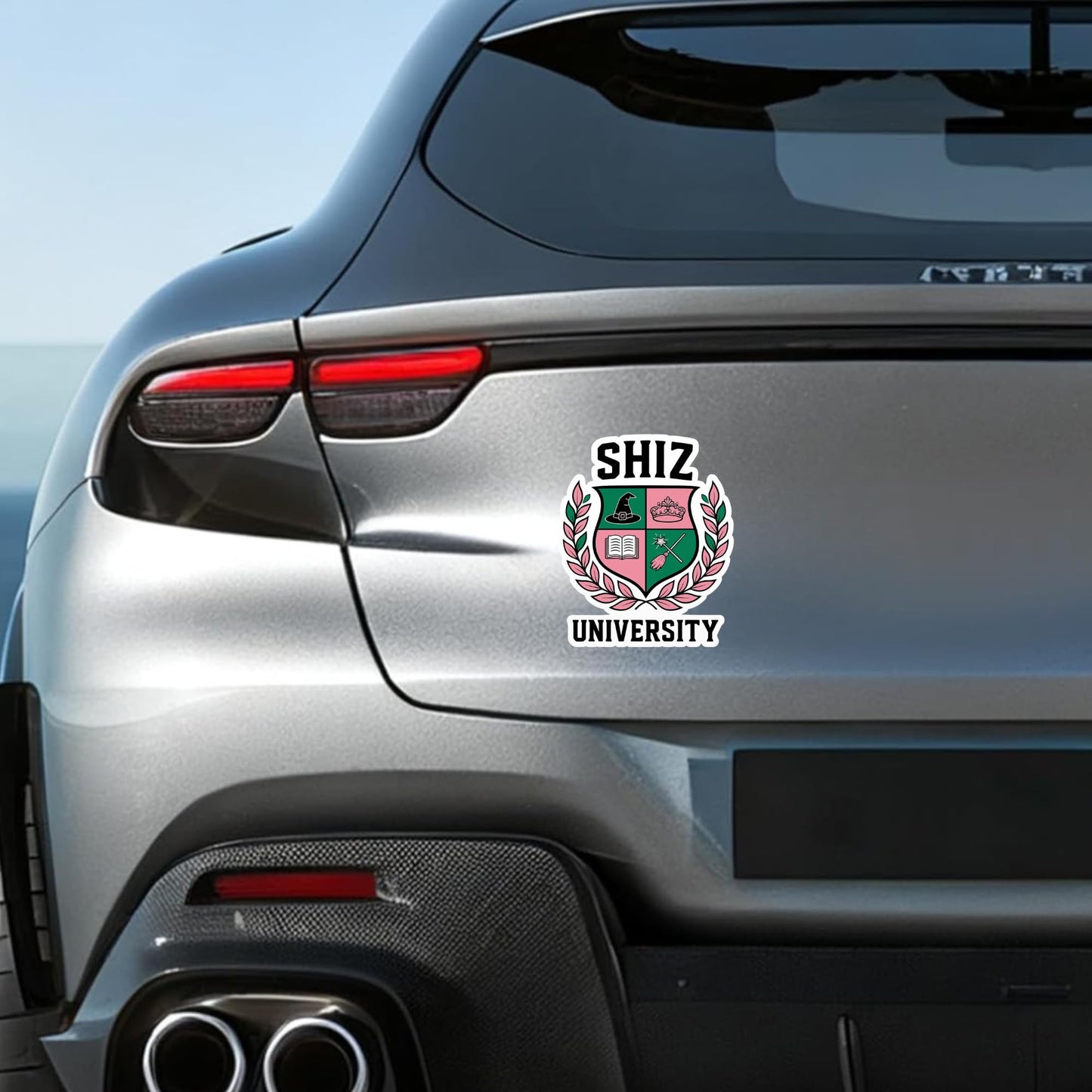 Shiz University Sticker – Wicked Inspired Vinyl Decal - Pink & Green Magical Crest Design | College Style Fantasy Gift for Fans, Laptops, Tumblers & Notebooks