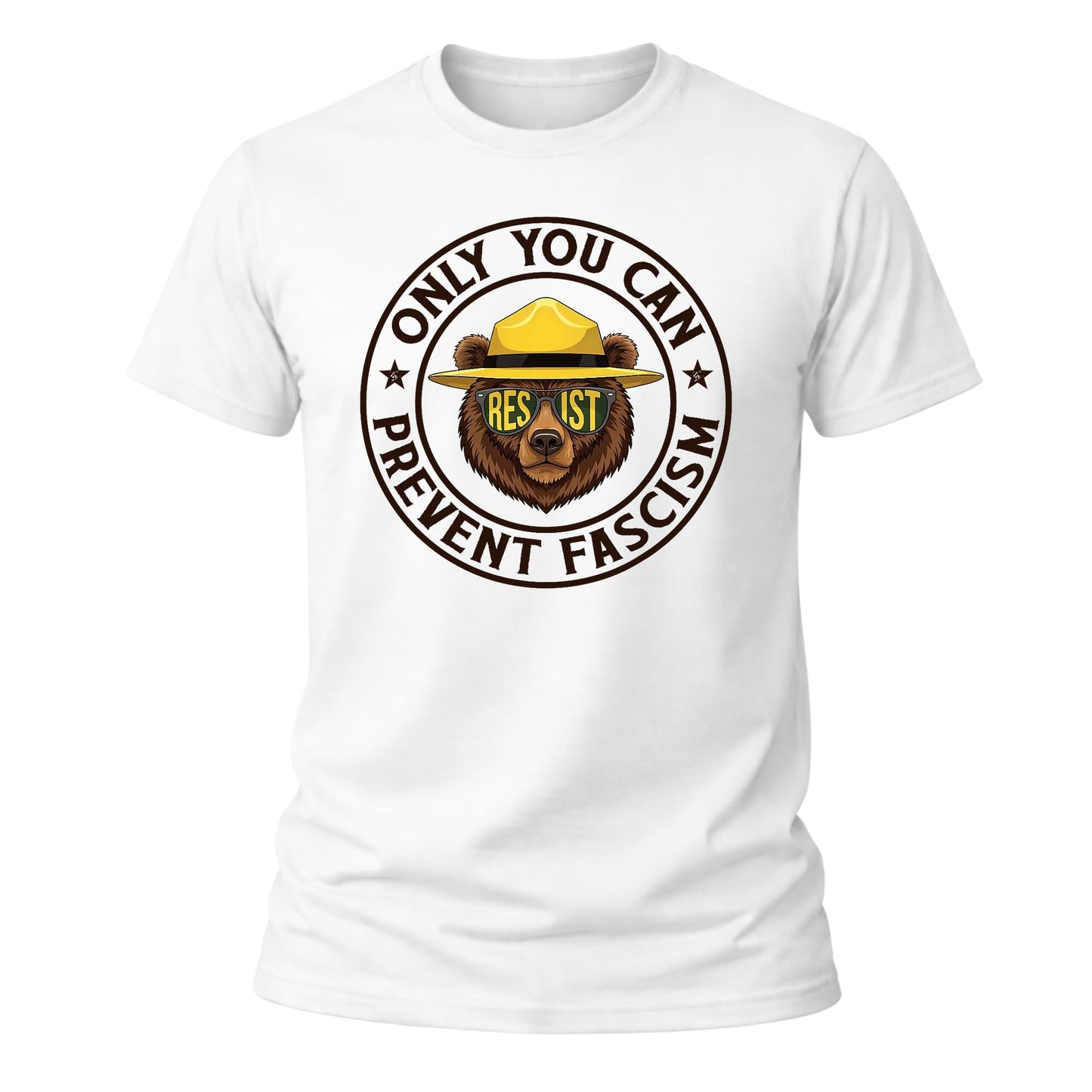 RockPaperStikrz Only You Can Prevent Fascism Bear Graphic Tee, Men's 100% Cotton T-Shirt, White, Crew Neck, Short Sleeve
