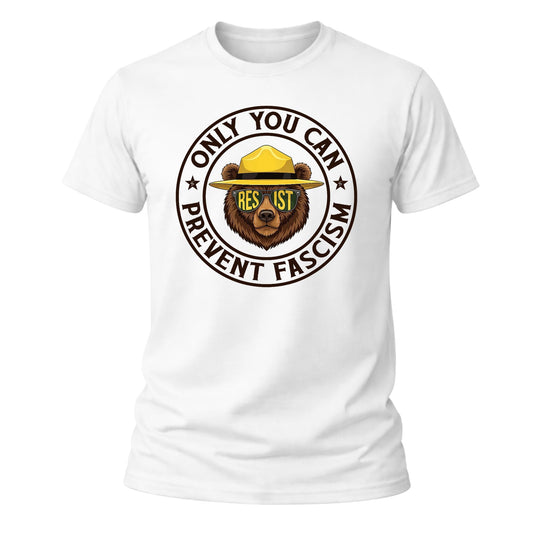 RockPaperStikrz Only You Can Prevent Fascism Bear Graphic Tee, Men's 100% Cotton T-Shirt, White, Crew Neck, Short Sleeve