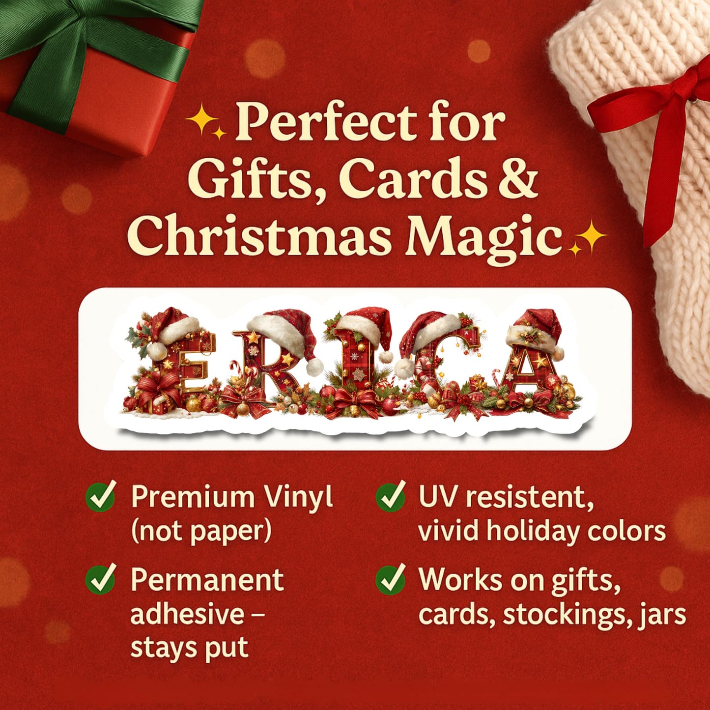 Custom Name Christmas Stickers – Quality Personalized Gift Tag Labels (12 Pack) – Premium Vinyl, UV-Resistant, Perfect for Gifts, Cards, Envelopes, Stockings, Holiday Packaging
