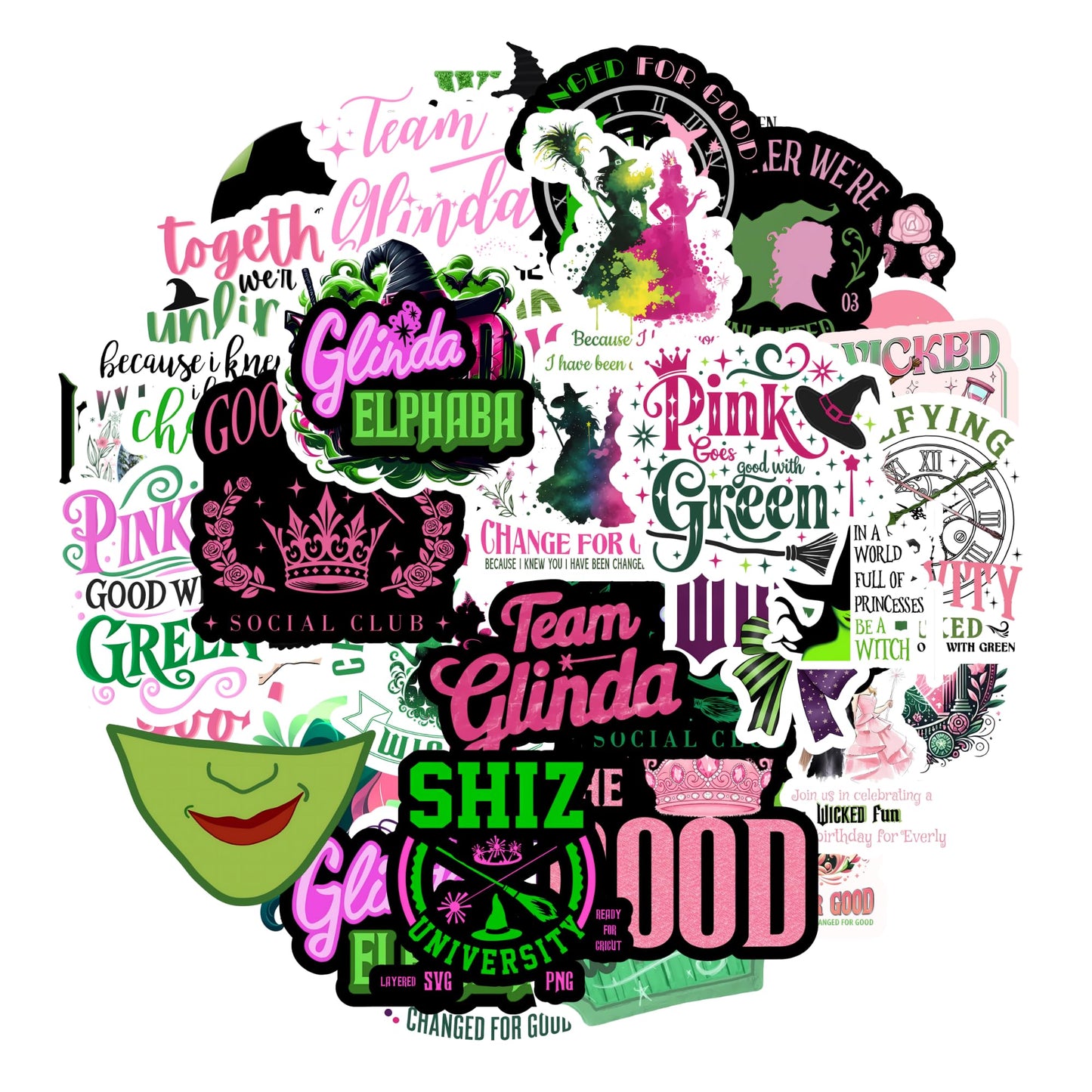 Magical Theater Witch Quality Sticker Pack, 48-Piece Pink and Green Vinyl Decals for Laptops, Water Bottles, Journals, Best Friend and Witchy Aesthetic Theme. UV-Resistant