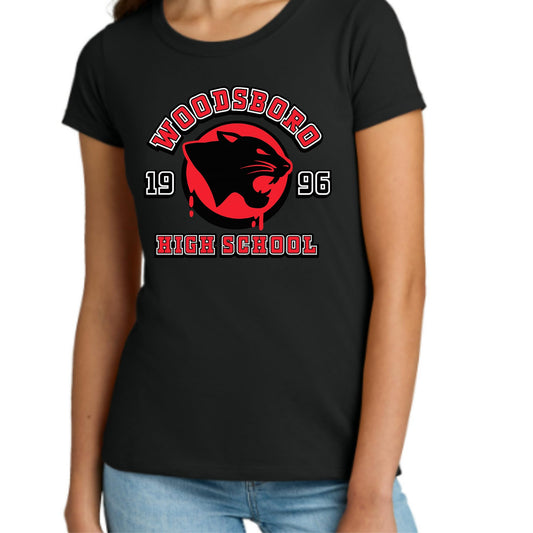 RockPaperStikrz Woodsboro High School Graphic T-Shirt, 1996 Design, Women 60/40 Poly-Cotton Crew Neck Short Sleeve Tee Black