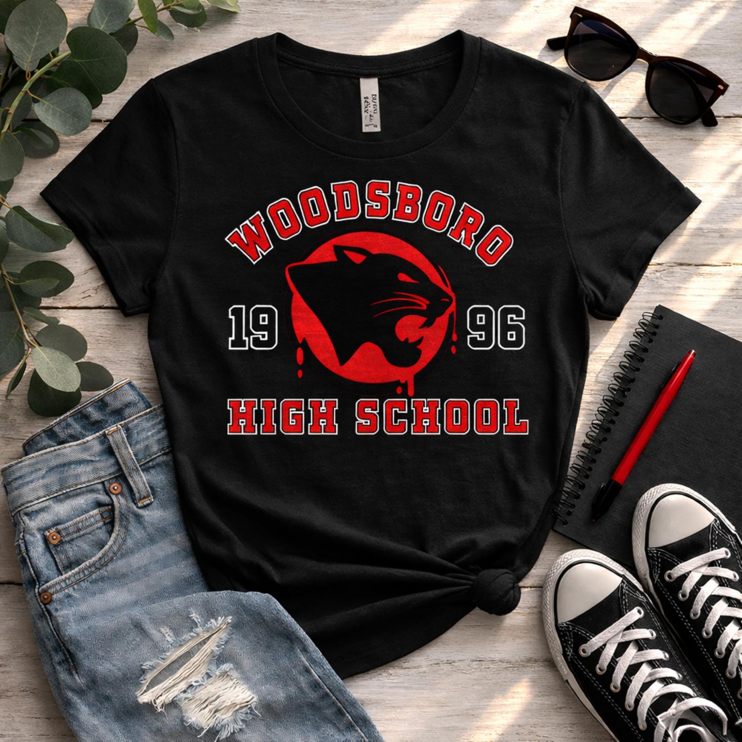 RockPaperStikrz Woodsboro High School Graphic T-Shirt, 1996 Design, Women 60/40 Poly-Cotton Crew Neck Short Sleeve Tee Black