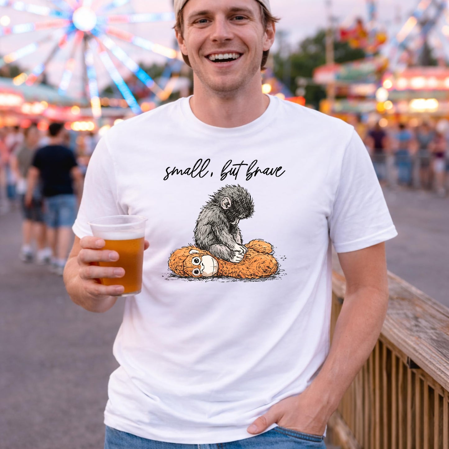 RockPaperStikrz Small but Brave Punch The Monkey Mens Graphic T Shirt, 100 Percent Cotton, White, Monkey Design Tee