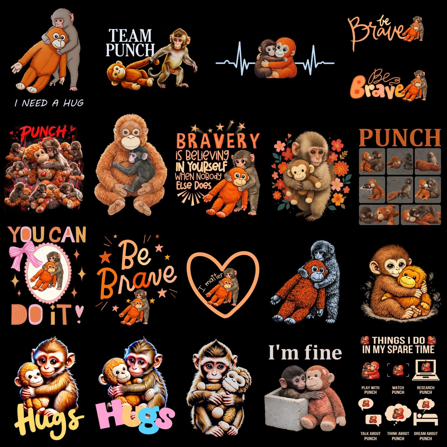 Punch The Monkey Sticker Pack, 20 Piece, 3 Inch, Waterproof Vinyl, Multicolor, Cartoon Style, Monkey Theme