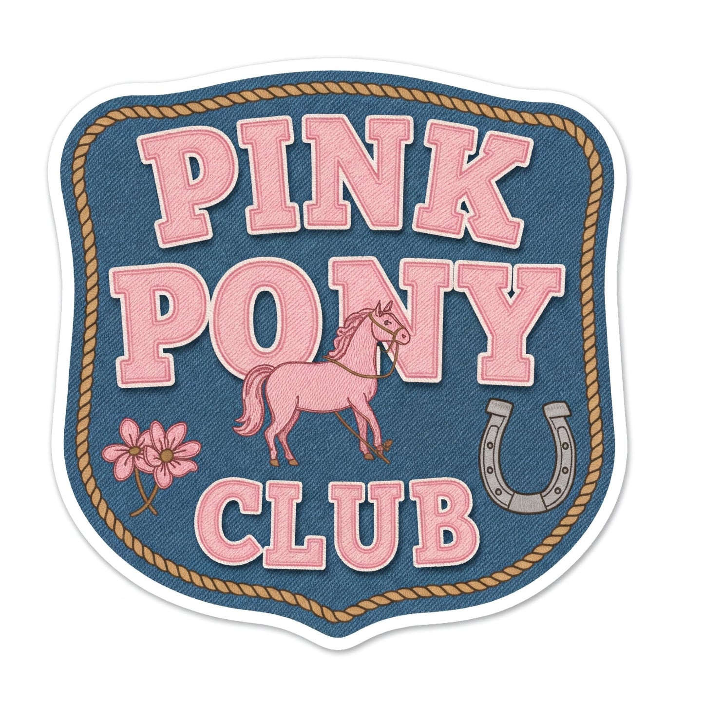 Pink Pony Club Western Badge Vinyl Sticker, Denim Style Background, Decorative Horse Design (3 Inch)
