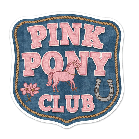 Pink Pony Club Western Badge Vinyl Sticker, Denim Style Background, Decorative Horse Design (3 Inch)