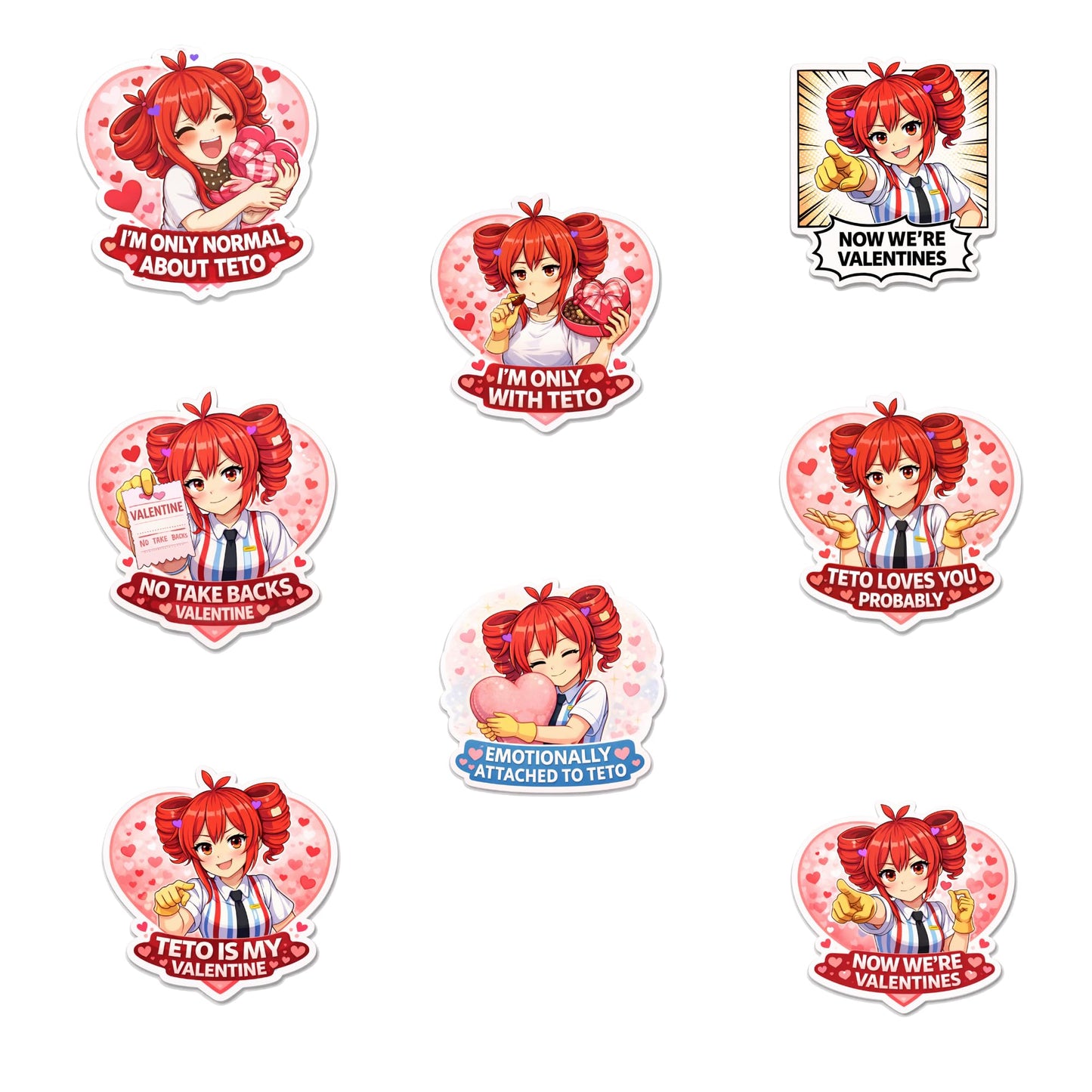 Kasane Teto Valentine Stickers 3 Inch 8 Pack Die Cut Vinyl Anime Meme Sticker Set Cute Chaotic Valentine Decals for Laptop Water Bottle