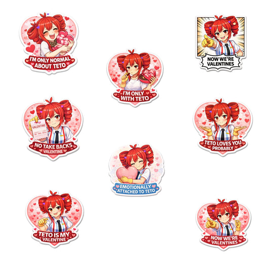 Kasane Teto Valentine Stickers 3 Inch 8 Pack Die Cut Vinyl Anime Meme Sticker Set Cute Chaotic Valentine Decals for Laptop Water Bottle