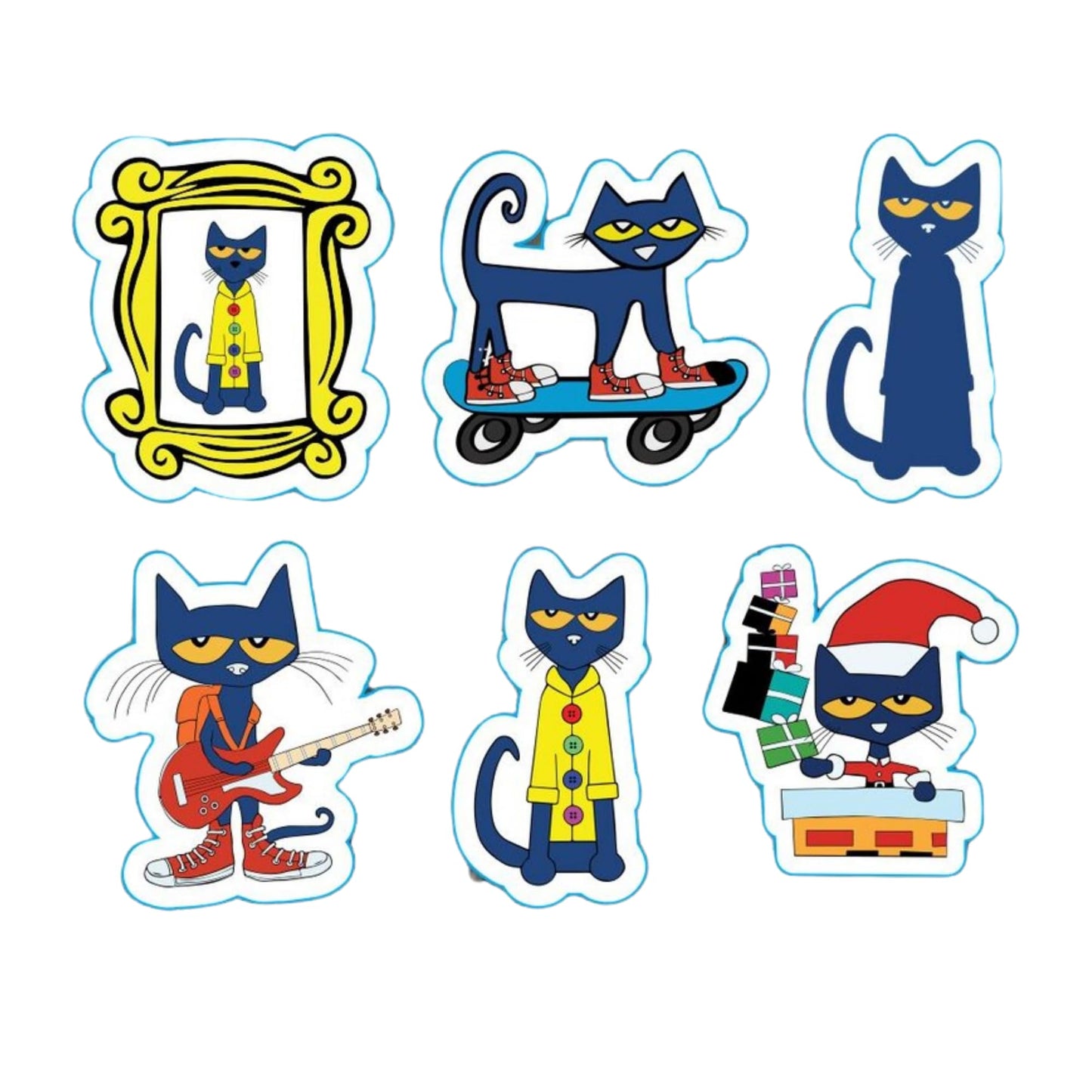 Pete Cat Sticker Pack, 6 Pack, 3 Inch Vinyl, Waterproof Decals, Skateboard, Guitar, Christmas Designs for Laptop, Water Bottle, Car
