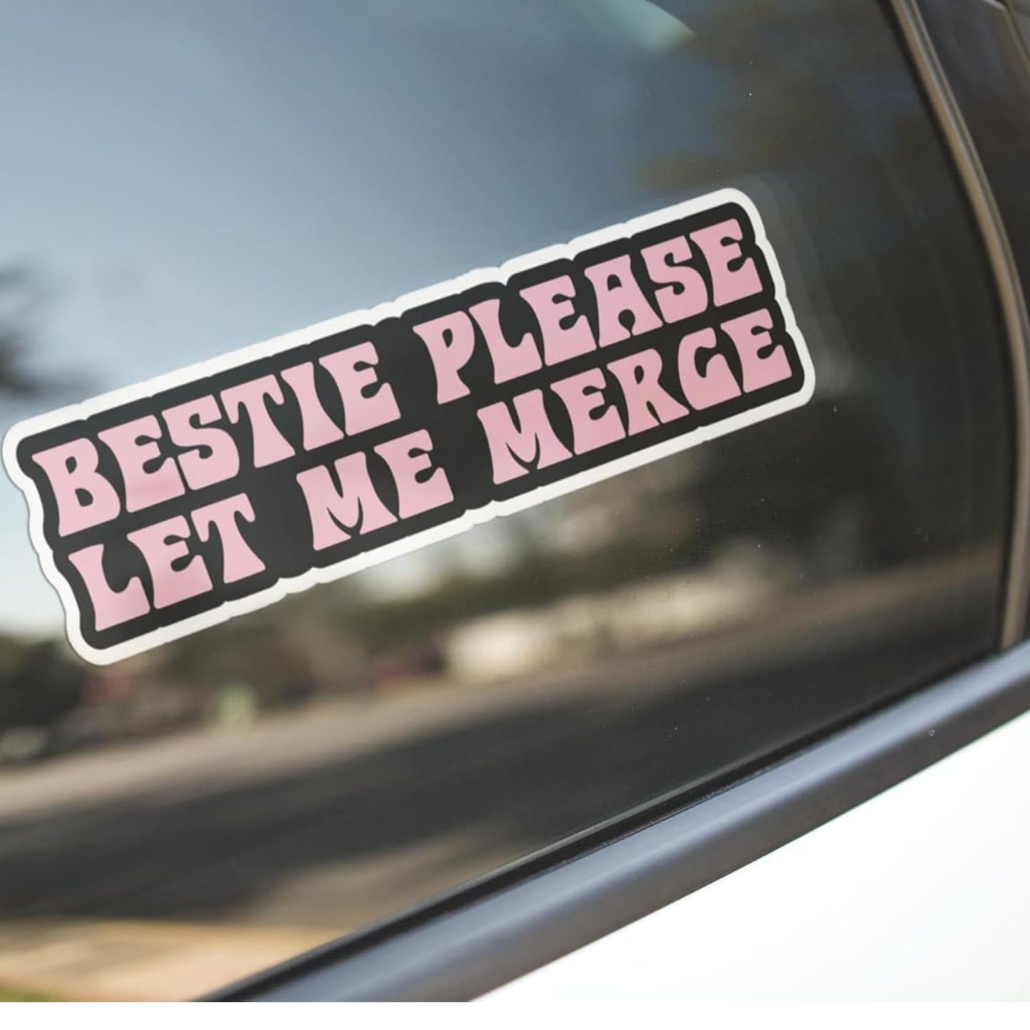 Bestie Please Let Me Merge Car Decal, Pink and Black Vinyl Bumper Stickers, 8.5x2 Inch, 2 Pack, Funny Driver Gift