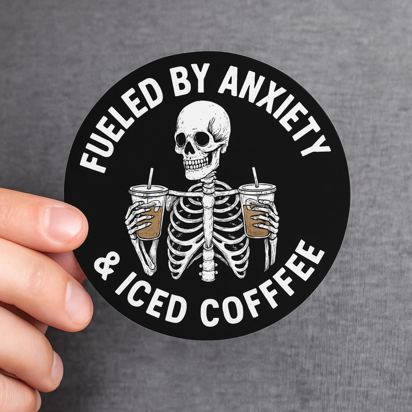 Fueled by Anxiety & Iced Coffee Vinyl Sticker, Black and White Skeleton Design, Multiple Sizes 2-5 Inch, Matte Finish Decal for Laptops, Water Bottles, Car, Journal