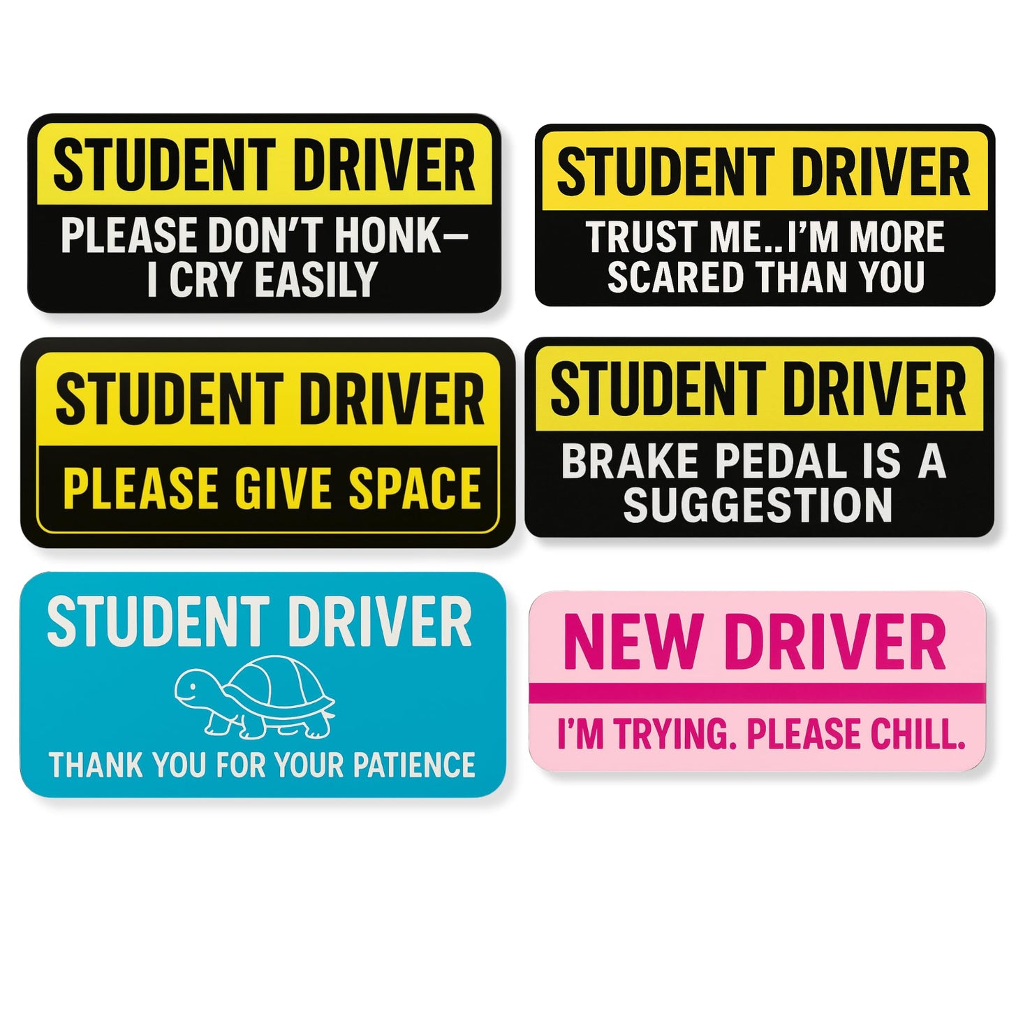 Student Driver Magnet Set, 6 Pack 9 Inch Heavy Duty Car Magnets, Weatherproof Safety Signs with Humorous Messages, High Visibility Yellow and Black Warning Stickers for New Drivers