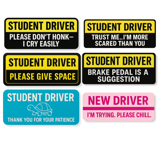 Student Driver Magnet Set, 6 Pack 9 Inch Heavy Duty Car Magnets, Weatherproof Safety Signs with Humorous Messages, High Visibility Yellow and Black Warning Stickers for New Drivers