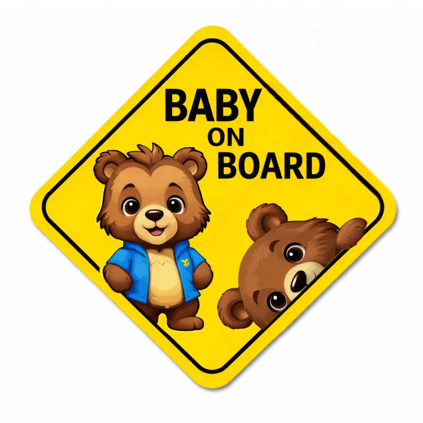 Baby On Board Car Safety Signs, Yellow Diamond Warning Stickers with Cute Bear Design, 5 x 5 Inch Weatherproof Vinyl Decals, 2 Pack